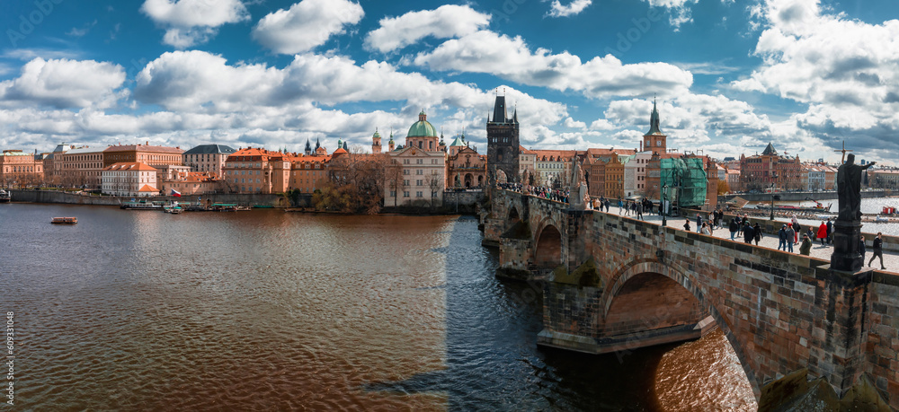 Canvas Prints scenic spring panoramic aerial view of the old town pier architecture and charles bridge over vltava