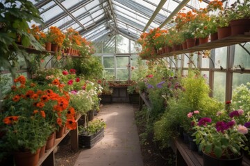 Fototapeta na wymiar greenhouse with hanging baskets of vibrant flowers, created with generative ai