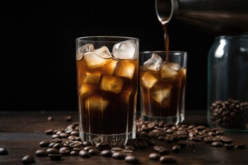 ice cubes clinking together in tall glass of iced coffee, created with generative ai