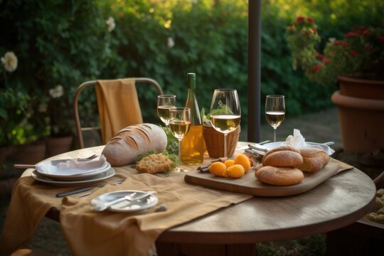 tuscan outdoor table setting with bread, wine, and cheese, created with generative ai