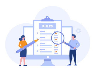 rules of work, regulation, checklist, paperwork, document and agreement, flat design illustration vector banner and background