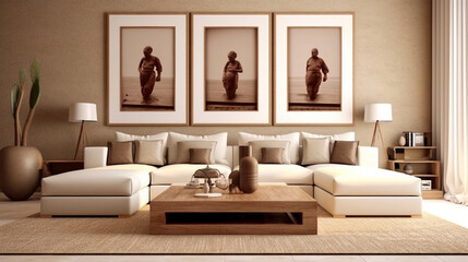 Scandinavian living room interior in beige colors with three big white frame decoration mockup. Generative Ai.