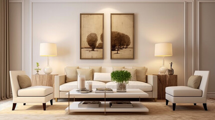Scandinavian living room interior in beige colors with three big white frame decoration mockup. Generative Ai.