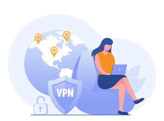 Obraz na płótnie Canvas VPN access. VPN to protect personal data in smartphone & computer. Virtual Private Network. Secure network connection and privacy protection. flat vector illustration banner