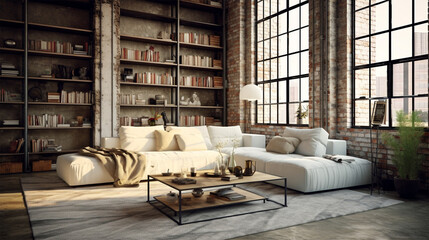 Soft cream Living room interior in loft, industrial style. 3d render generative ai.