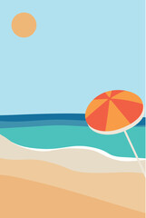 Summer beach with umbrella. Vector illustration of summer sea, sky, sand, parasol. Banner background. 