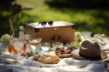 summer picnic, with all the fixings, and fashionable sunglasses to keep out the sun, created with generative ai