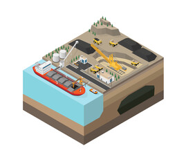 the coal ship unloading, coal yard, coal mine with isometric graphic