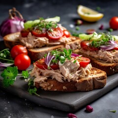 Fototapeta na wymiar Delicious Tuna and Vegetable Sandwiches on a Fresh Background. Generative AI