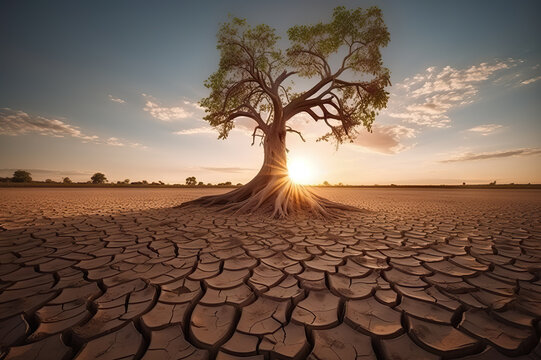 Climate Change Impact Cracked Earth and Wilted Tree Revealing Severe Drought. created with Generative AI © photobuay