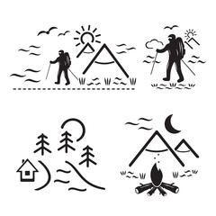 A set of vector illustrations, logos, icons for travel and leisure. Tourism and camping.