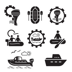A set of vector icons for water transport. Boat and outboard motor.