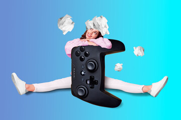 Creative abstract collage image of dreamy lady enjoying playstation game isolated blue color...