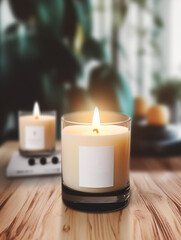 Obraz na płótnie Canvas Burning candle mockup, styled home interior decor with candle jar with label template Generative AI