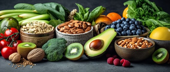 Healthy food clean eating selection: fruit, vegetable, seeds, superfood, cereal, leaf vegetable on gray concrete background

