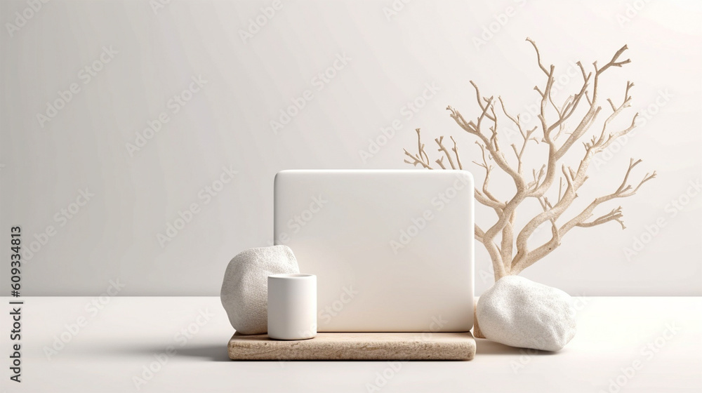 Poster minimal mockup background for product presentation. podium and dry tree twigs branch with white sand