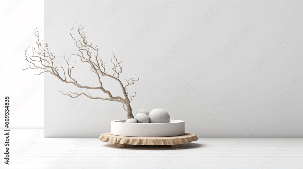 Poster minimal mockup background for product presentation. podium and dry tree twigs branch with white sand