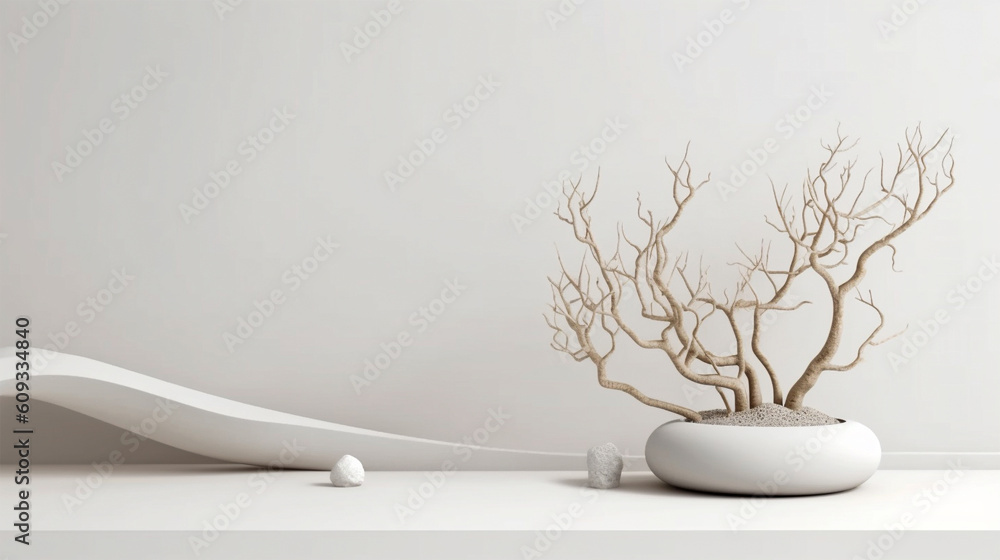 Poster minimal mockup background for product presentation. podium and dry tree twigs branch with white sand