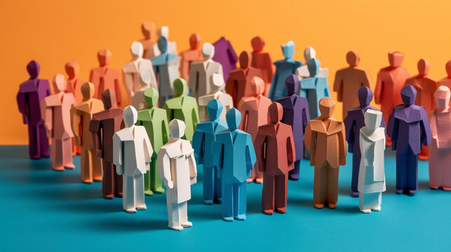 Diversity concept. Diverse group of multiethnic multicultural paper people. Generative AI.