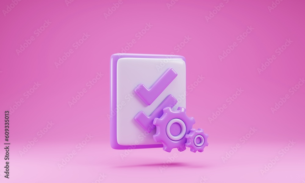 Poster clipboard with check mark icon isolated on pink background. 3d rendering illustration