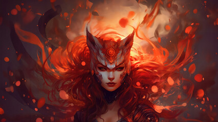 Fierce kasai kitsune female fox with fiery flame red hair and piercing gaze; immortal age old mythical spirit guardian fantasy art portrait - fictional character Generative AI
 - obrazy, fototapety, plakaty