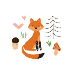 Cute fox in the forest. T-shirt graphics for kids vector illustration. Scandinavian design. Fir forest and fox.
