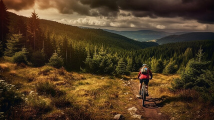 Mountain biking riding on bike in summer mountains forest landscape. Generative Ai.