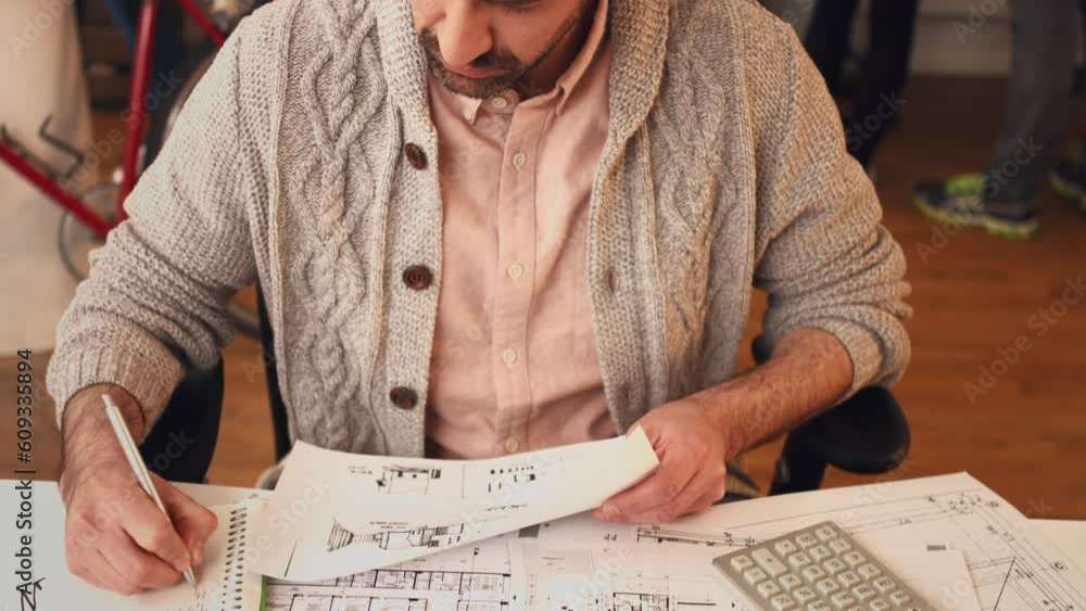 Aufkleber Writing, blueprint and man architect planning building design and drawing project as a professional strategy for a company. Expert, sketch and person working on architecture in an startup office