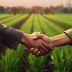 Handshake with Blurred Green Farm Background. Generative AI