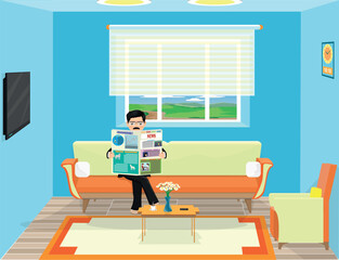 man sitting on sofa reading newspaper while sipping coffee