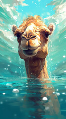 Anime Art Style Camel Swimming In The Water Cute And Colorful Generative Ai Digital Illustration Part#030623