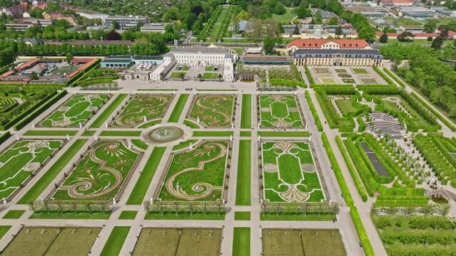 Drone shot of Herrenhausen Palace ( Schloss Herrenhausen ) , Hanover , Germany . Herrenhausen Palace is a former royal summer residence of the House of Hanover .