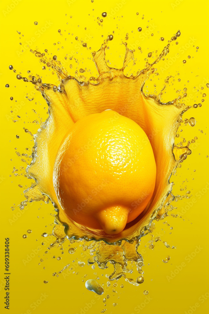 Poster An vibrant image of a Lemon splashed in bright paint, symbolizing freshness and health.  Generative AI technology.