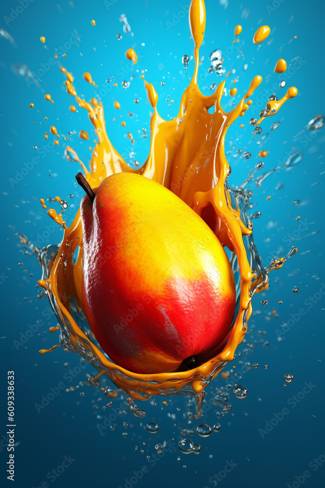 Poster An vibrant image of a Mango splashed in bright paint, symbolizing freshness and health.  Generative AI technology.