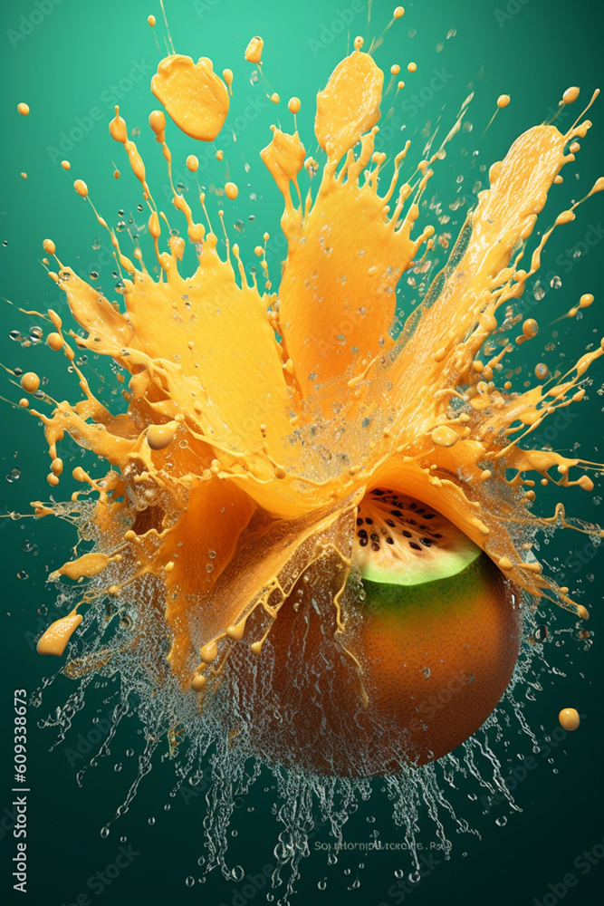 Poster An vibrant image of a Cantaloupe splashed in bright paint, symbolizing freshness and health.  Generative AI technology.