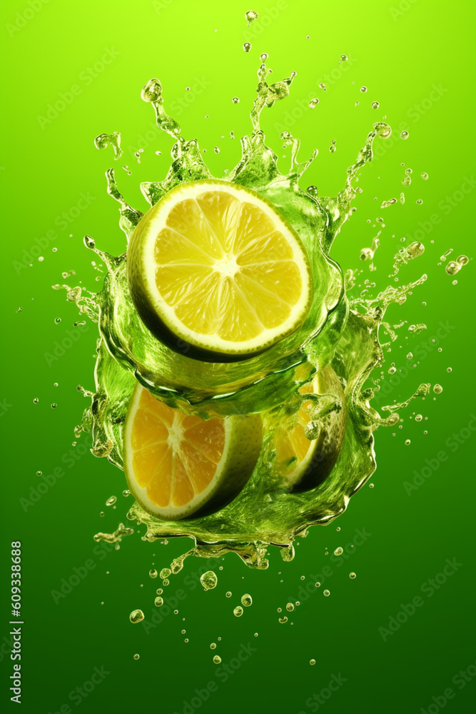 Poster an vibrant image of a lime splashed in bright paint, symbolizing freshness and health. generative ai