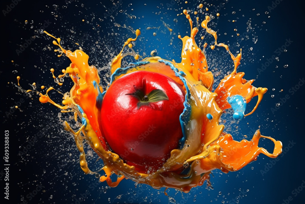 Poster An abstract surreal photograph of a Persimmon splashed in bright paint, symbolizing freshness and health.  Generative AI technology.