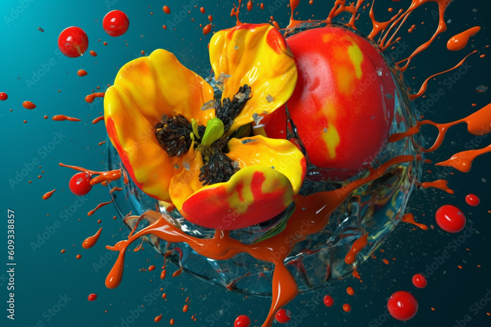 Poster An abstract surreal photograph of a Ackee splashed in bright paint, symbolizing freshness and health.  Generative AI technology.