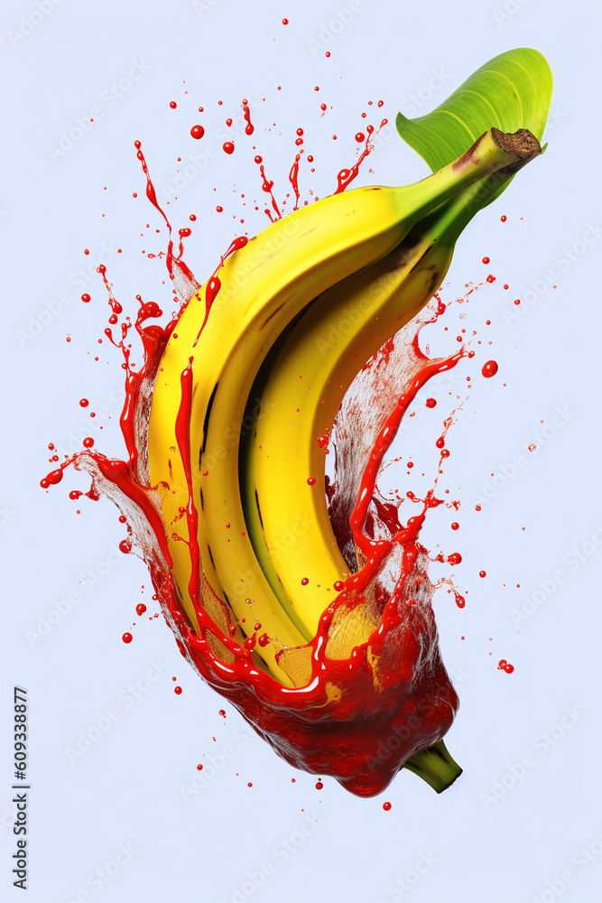 Poster an vibrant image of a plantain splashed in bright paint, symbolizing freshness and health. generativ