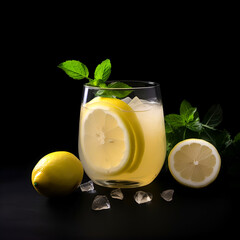 Cool freshly made lemonade and lemon fruits on black background.  AI generated