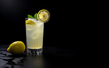 Cool freshly made lemonade and lemon fruits on black background. Space for text. AI generated - obrazy, fototapety, plakaty