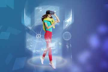 Youngster girl using holographic innovation wear headset vr goggles working online remotely connect world server creative art collage