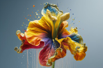 An abstract surreal photograph of a Henbane (Hyoscyamus niger) splashed in bright paint,  Generative AI technology.