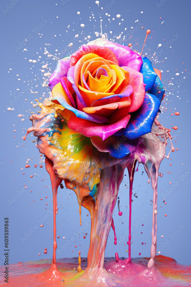 Poster An abstract surreal photograph of a Rose splashed in bright paint.  Generative AI technology.