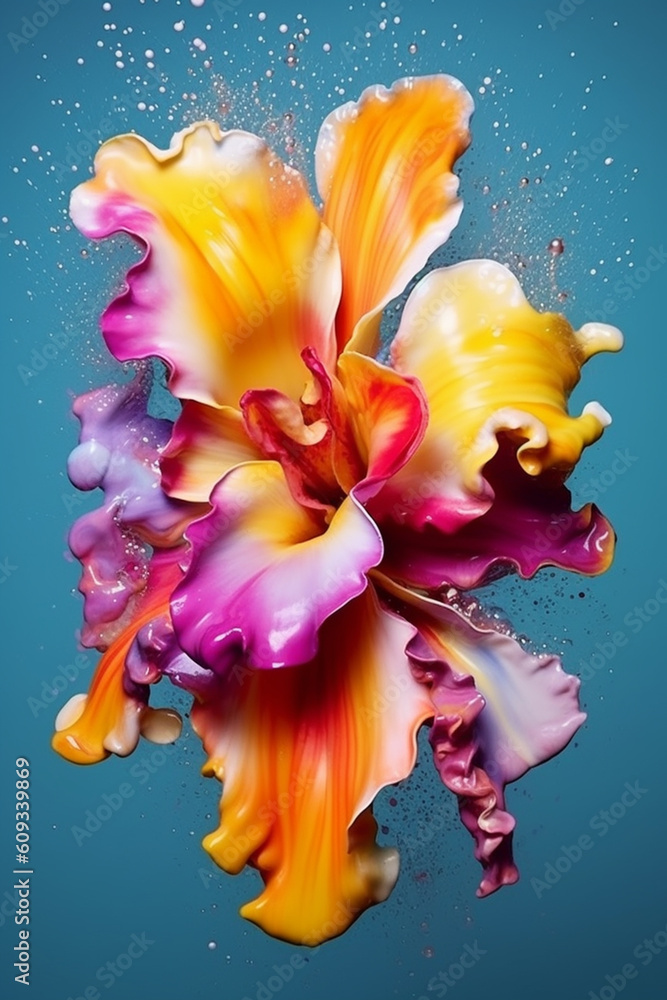 Poster an abstract surreal photograph of a orchid splashed in bright paint. generative ai technology.
