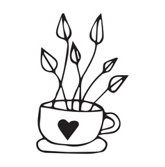 flowers in the pot. doodle art. on a white background. vector drawing. indoor flowers of different types. black and white color of the drawing. petals and flowers. shaped flower pots.