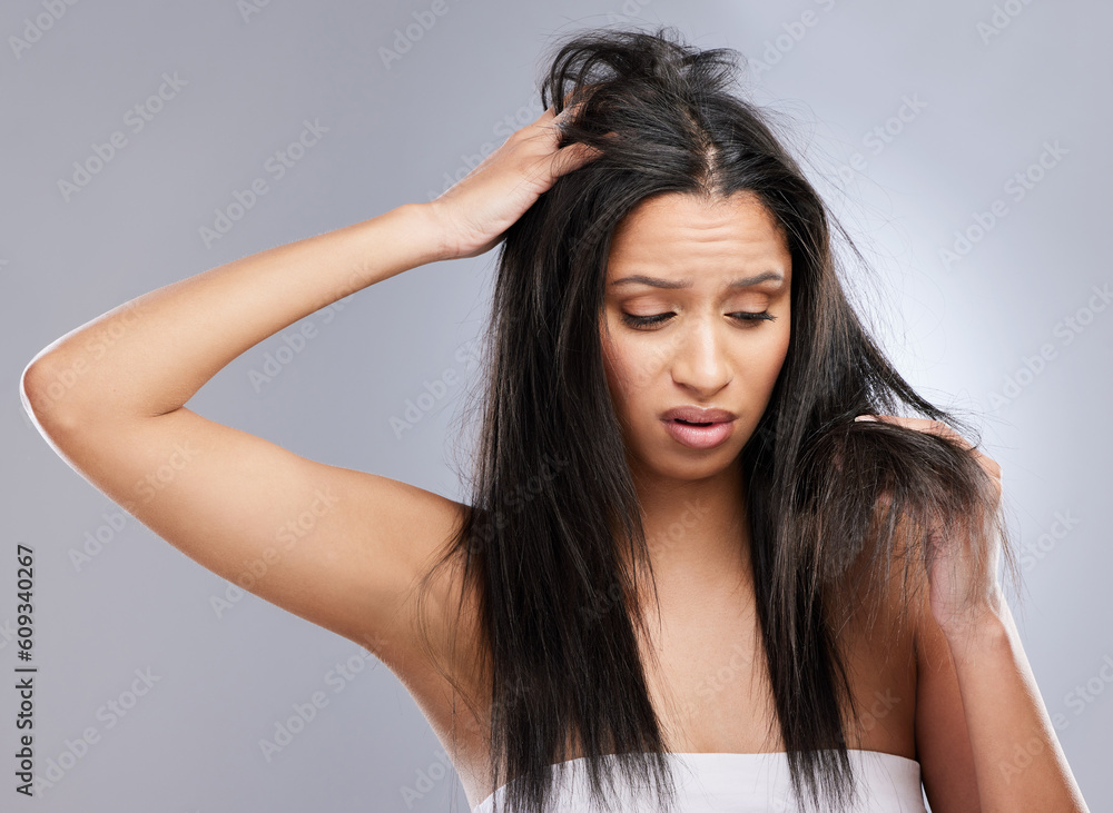 Wall mural hair, damage loss and woman in studio with worry for split ends, haircare crisis and weak strand. be