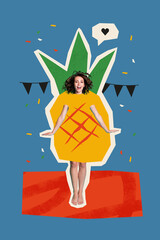 Vertical collage image of excited cheerful girl inside huge painted pineapple like notification...
