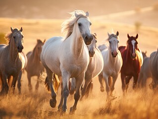 Herd of horses running in dusty meadow at sunset. Generative Ai.