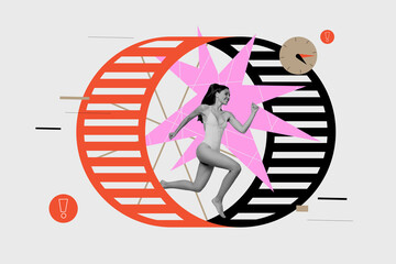 Collage portrait of black white colors girl swimsuit running inside hamster wheel loop getting...